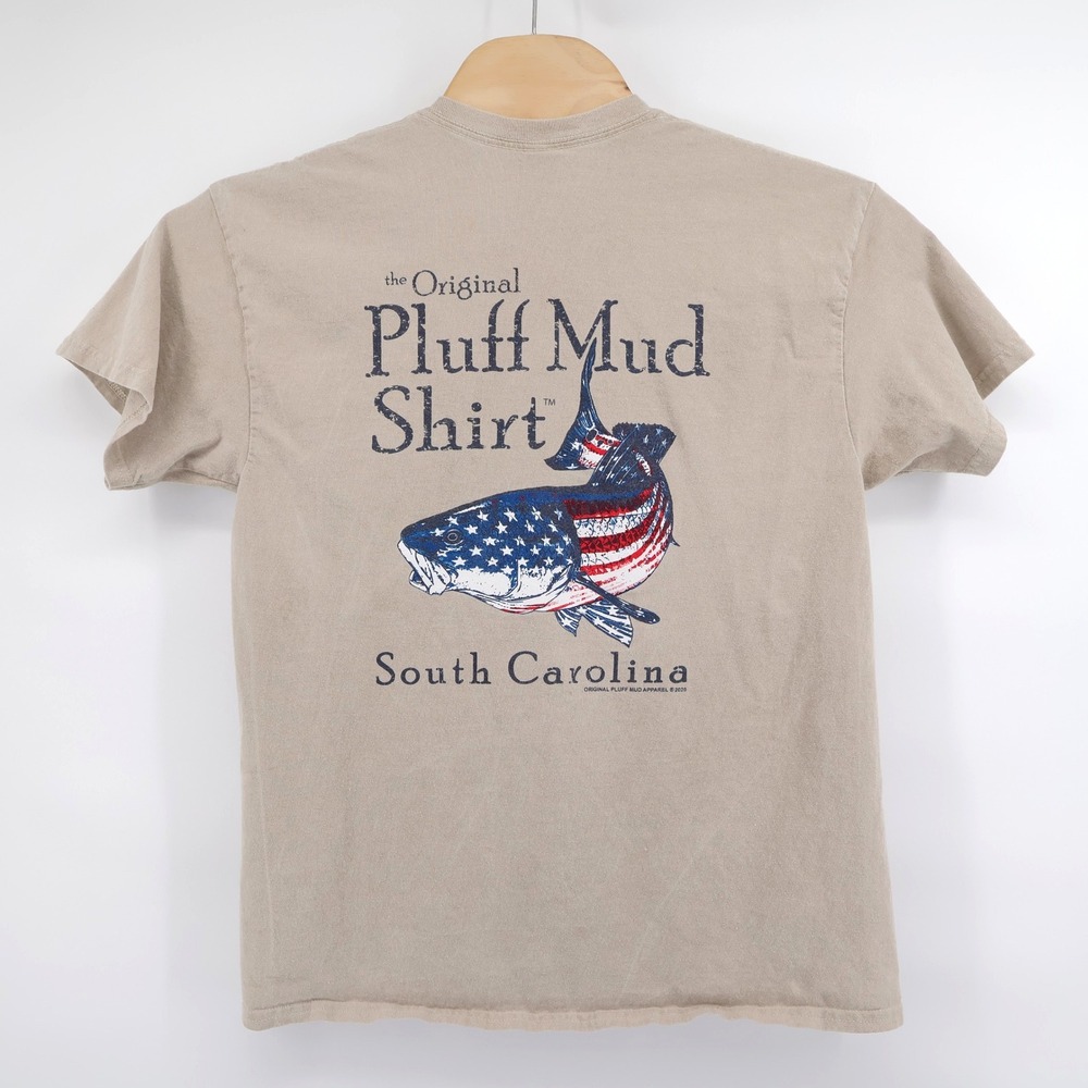 Original Pluff Mud Apparel Star Spangled Redfish T-Shirt Tan Short Sleeve Mens L